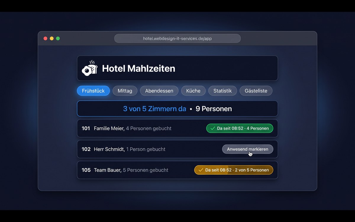 Hotel Mahlzeiten Vorschau: Zimmer beim Frühstück abhaken mit Status-Badges
